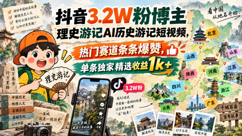 抖音3.2W粉博主理史游记AI历史游记短视频教学，热门赛道条条爆赞，单条独家精选收益1k+-HEIXMI（中国站）