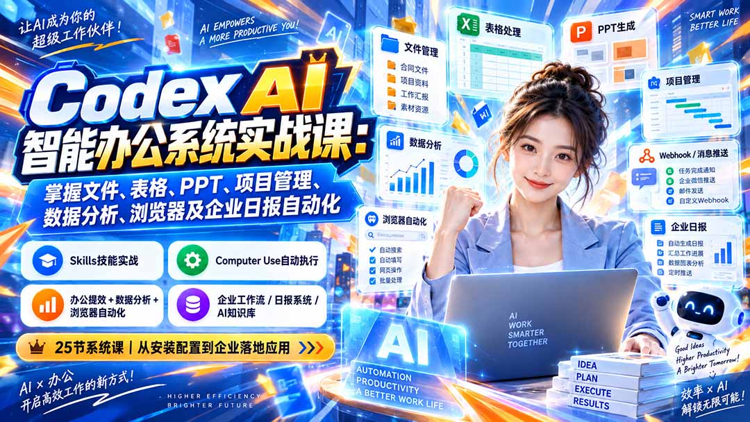Codex AI智能办公系统实战课：掌握文件、表格、PPT、项目管理、数据分析、浏览器及企业日报自动化-HEIXMI（中国站）