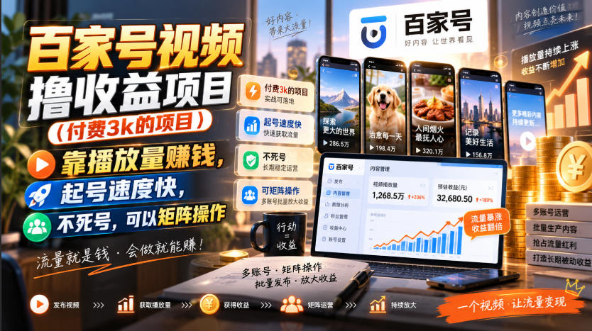 百家号视频撸收益项目(付费3k的项目)，靠播放量賺钱，起号速度快，不死号，可以矩阵操作-HEIXMI（中国站）