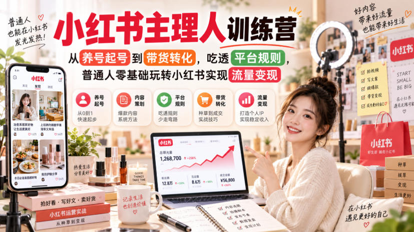 小红书主理人训练营，从养号起号到带货转化，吃透平台规则，普通人零基础玩转小红书实现流量变现-HEIXMI（中国站）