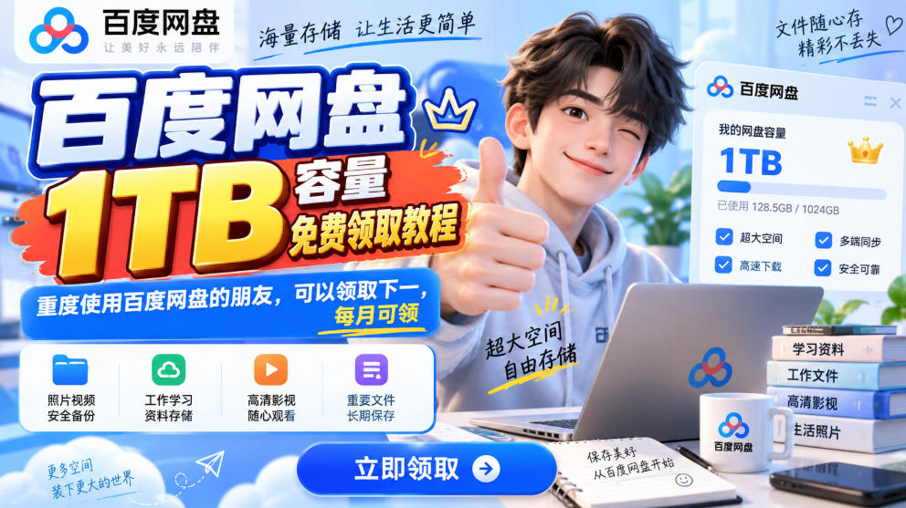 百度网盘1TB容量免费领取教程，重度使用百度网盘的朋友，可以领取下一，每月可领-HEIXMI（中国站）