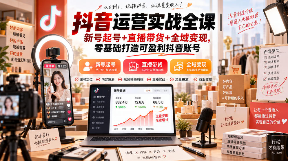 抖音运营实战全课｜新号起号+直播带货+全域变现，零基础打造可盈利抖音账号-HEIXMI（中国站）