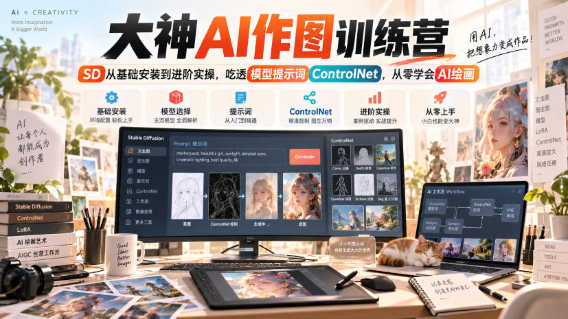 大神AI作图训练营，SD从基础安装到进阶实操，吃透模型提示词ControlNet，从零学会AI绘画-HEIXMI（中国站）