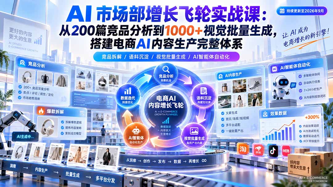 AI 市场部增长飞轮实战课：从200篇竞品分析到1000+视觉批量生成，搭建电商AI内容生产完整体系-HEIXMI（中国站）