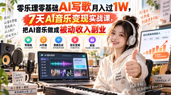 零乐理零基础AI写歌月入过1W，7天AI音乐变现实战课，把AI音乐做成被动收入副业-HEIXMI（中国站）
