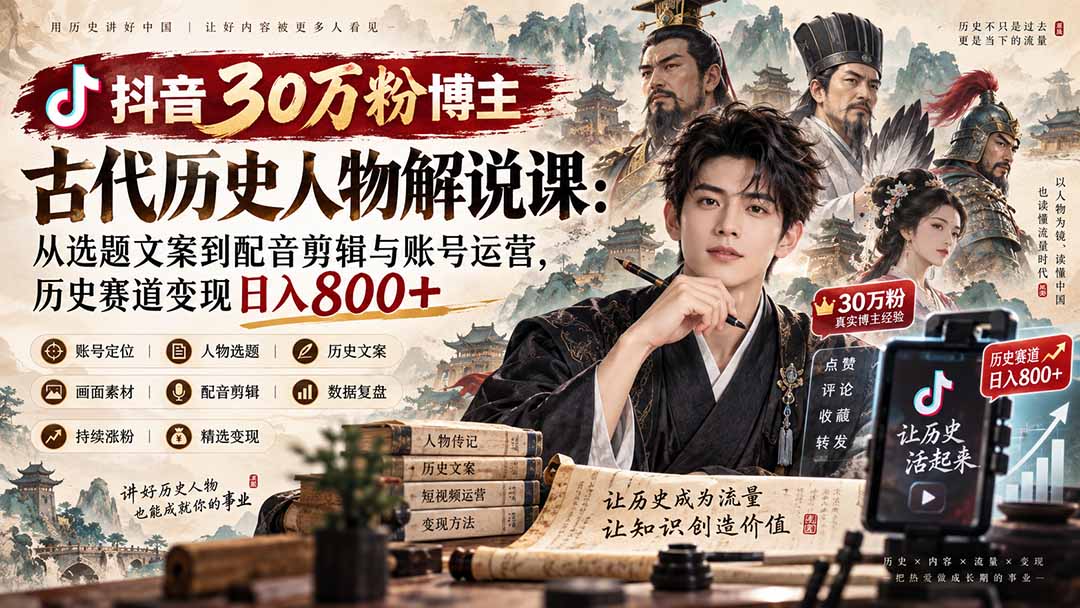 抖音30万粉博主古代历史人物解说课：从选题文案到配音剪辑与账号运营，历史赛道变现日入800+-HEIXMI（中国站）