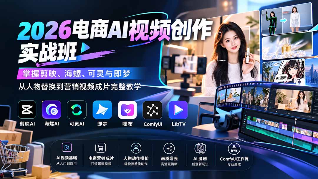 2026电商AI视频创作实战班：掌握剪映、海螺、可灵与即梦，从人物替换到营销视频成片完整教学-HEIXMI（中国站）