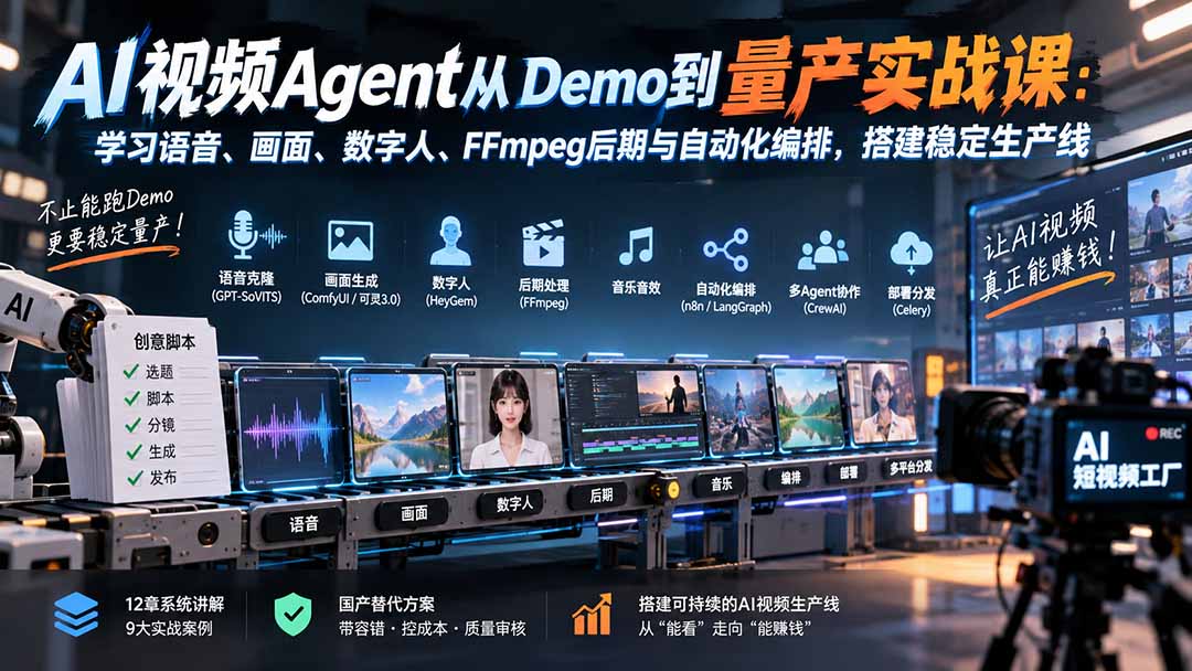 AI视频Agent从Demo到量产实战课：学习语音、画面、数字人、FFmpeg后期与自动化编排，搭建稳定生产线-HEIXMI（中国站）