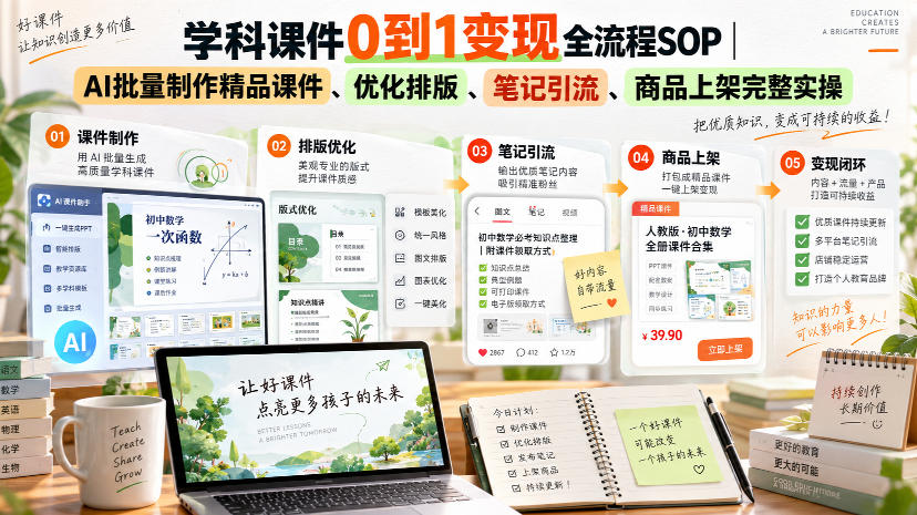 学科课件0到1变现全流程SOP｜AI批量制作精品课件、优化排版、笔记引流、商品上架完整实操​-HEIXMI（中国站）