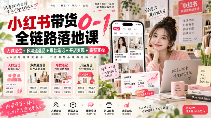 小红书带货0-1全链路落地课｜人群定位+多渠道选品+爆款笔记+开店变现完整实操-HEIXMI（中国站）