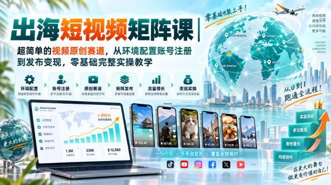 出海短视频矩阵课｜超简单的视频原创赛道，从环境配置账号注册到发布变现，零基础完整实操教学-HEIXMI（中国站）