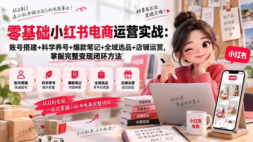 零基础小红书电商运营实战：账号搭建+科学养号+爆款笔记+全域选品+店铺运营，掌握完整变现闭环方法-HEIXMI（中国站）