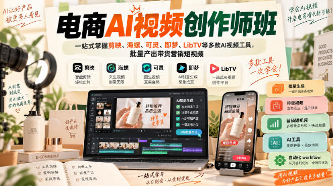 电商AI视频创作师班，一站式掌握剪映、海螺、可灵、即梦、LibTV等多款AI视频工具，批量产出带货营销短视频-HEIXMI（中国站）