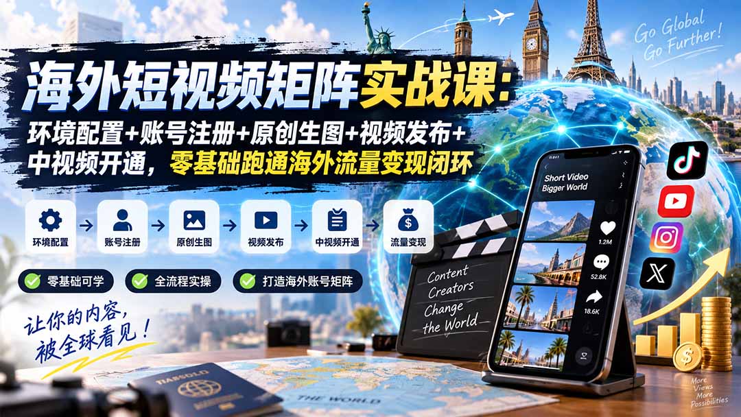 海外短视频矩阵实战课：环境配置+账号注册+原创生图+视频发布+中视频开通，零基础跑通海外流量变现闭环-HEIXMI（中国站）