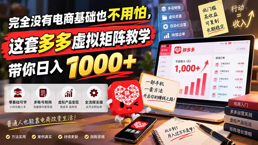 完全没有电商基础也不用怕，这套多多虚拟矩阵教学带你日入 1000+-HEIXMI（中国站）