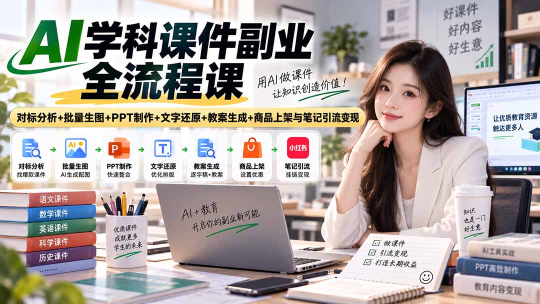 AI学科课件副业全流程课｜对标分析+批量生图+PPT制作+文字还原+教案生成+商品上架与笔记引流变现-HEIXMI（中国站）