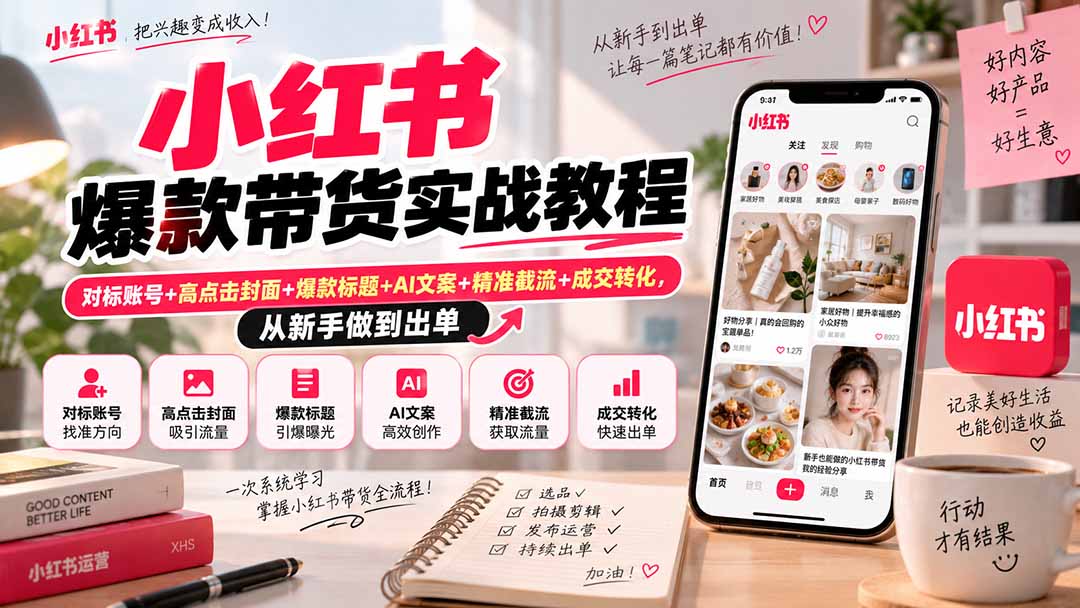 小红书爆款带货实战教程｜对标账号+高点击封面+爆款标题+AI文案+精准截流+成交转化，从新手做到出单-HEIXMI（中国站）