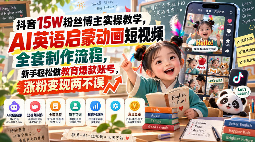 抖音15W粉丝博主实操教学，AI英语启蒙动画短视频全套制作流程，新手轻松做教育爆款账号，涨粉变现两不误-HEIXMI（中国站）