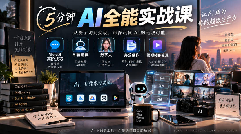 5分钟AI全能实战课｜提示词高阶技巧+AI智能体+数字人+办公创作+短视频IP变现全教程-HEIXMI（中国站）