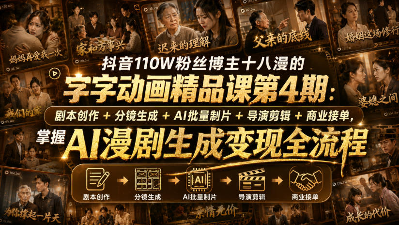 抖音110W粉丝博主十八漫的字字动画精品课第4期：剧本创作+分镜生成+剪辑+商业接单，掌握AI漫剧生成变现全流程(更新0916)-HEIXMI（中国站）