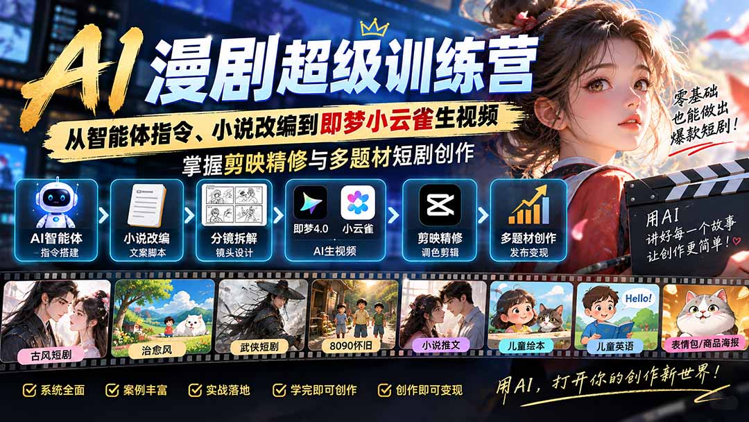 AI漫剧超级特训营：从智能体指令、小说改编到即梦小云雀生视频，掌握剪映精修与多题材短剧创作-HEIXMI（中国站）