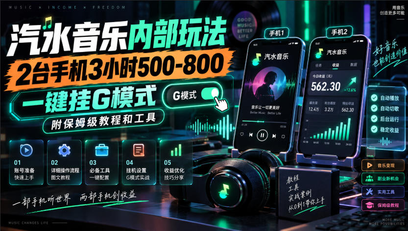 汽水音乐内部玩法，2台手机3小时500-800，一键挂G模式，附保姆级教程和工具【揭秘】-HEIXMI（中国站）