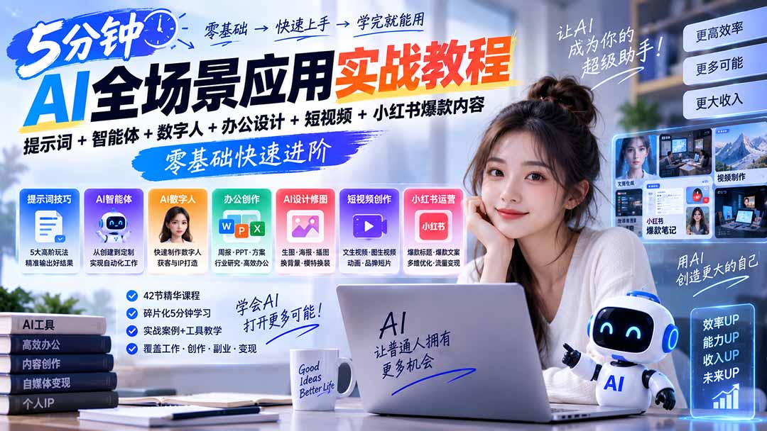 AI全场景应用实战教程｜提示词+智能体+数字人+办公设计+短视频+小红书爆款内容，零基础快速进阶-HEIXMI（中国站）
