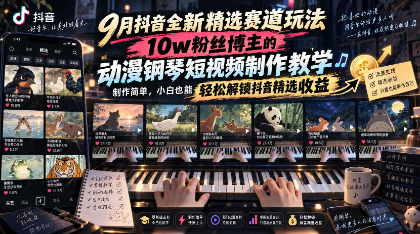 9月抖音全新精选赛道玩法，10w粉丝博主的动漫钢琴短视频制作教学，制作简单，小白也能轻松解锁抖音精选收益-HEIXMI（中国站）
