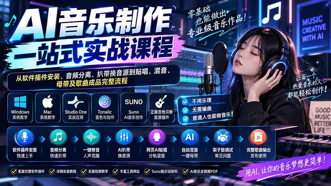AI音乐制作一站式实战课程：从软件插件安装、音频分离、扒带换音源到贴唱、混音、母带及歌曲成品完整流程-HEIXMI（中国站）