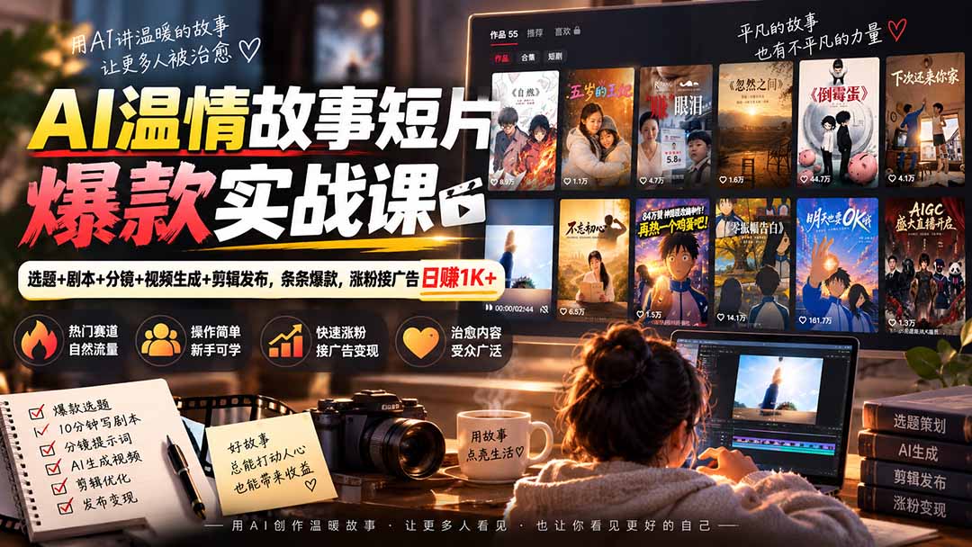AI温情故事短片爆款实战课-更新｜选题+剧本+分镜+视频生成+剪辑发布，条条爆款，涨粉接广告日赚1K+-HEIXMI（中国站）