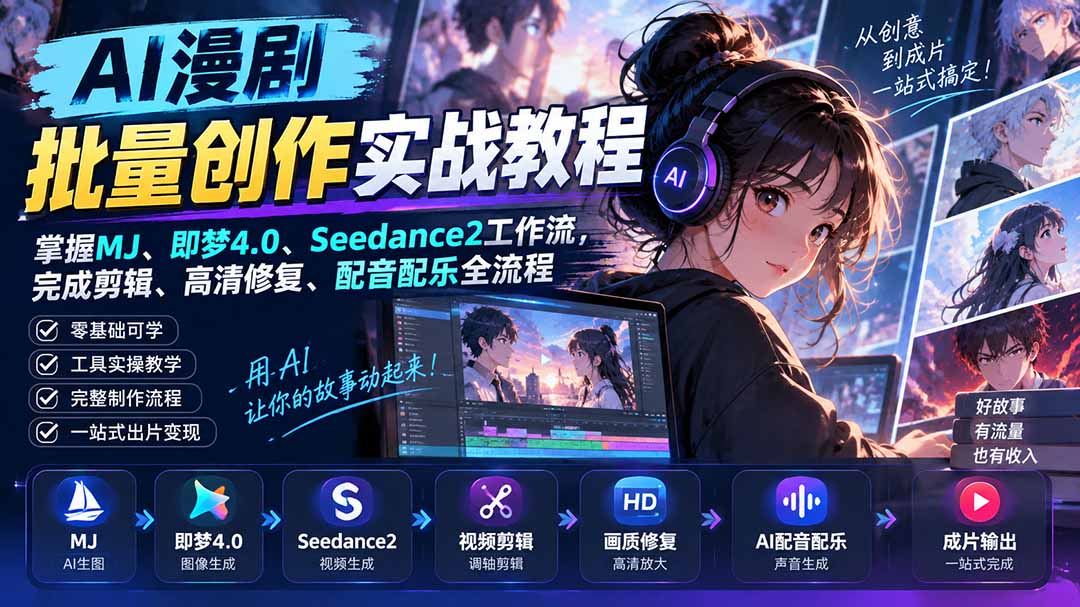 AI漫剧批量创作实战教程：掌握MJ、即梦4.0、Seedance2工作流，完成剪辑、高清修复、配音配乐全流程-HEIXMI（中国站）