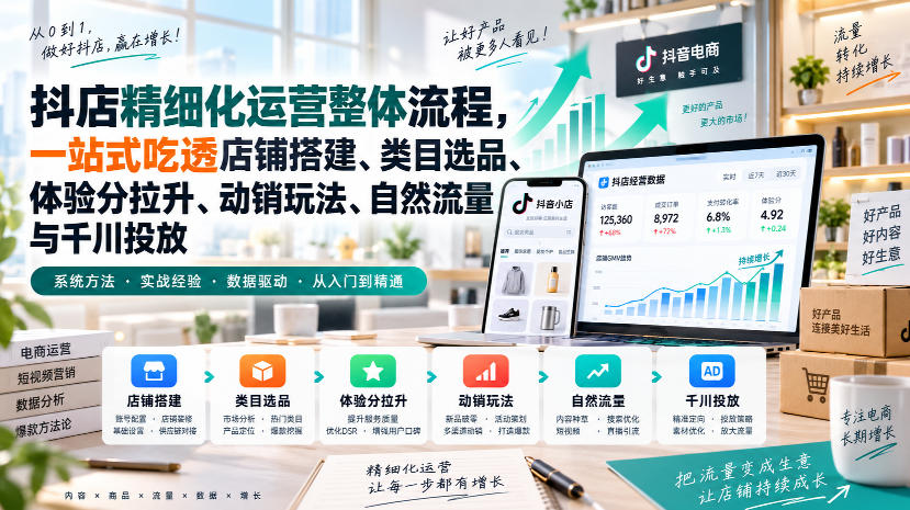 李哥电商-抖店精细化运营整体流程，一站式吃透店铺搭建、类目选品、体验分拉升、动销玩法、自然流量与千川投放-HEIXMI（中国站）