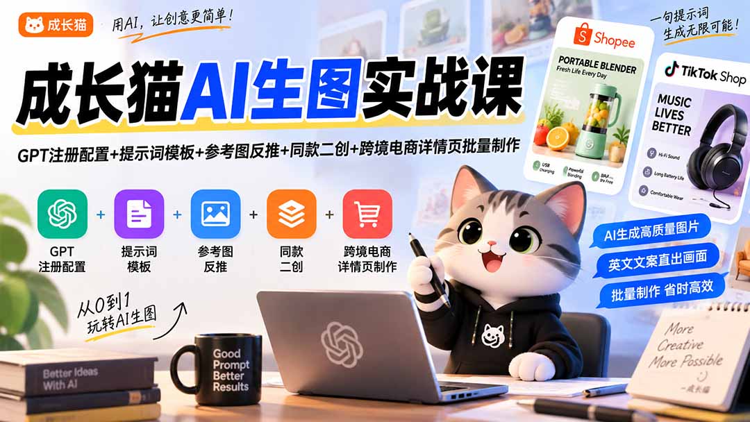 成长猫AI生图实战课｜GPT注册配置+提示词模板+参考图反推+同款二创+跨境电商详情页批量制作-HEIXMI（中国站）