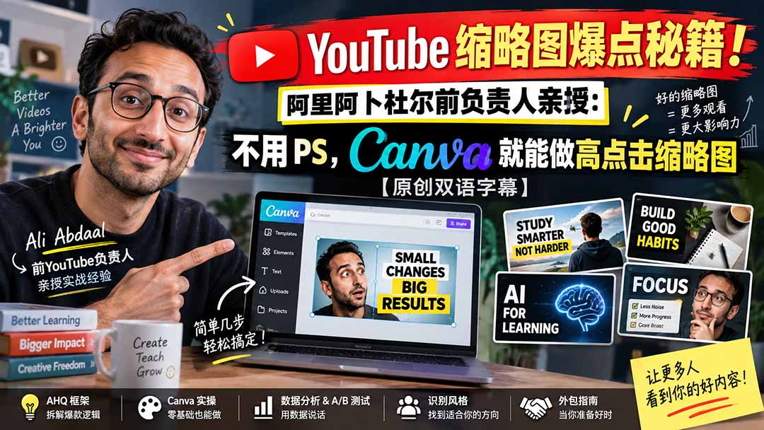 YouTube 缩略图爆点秘籍！阿里阿卜杜尔前负责人亲授：不用 PS，Canva 就能做高点击缩略图【原创双语字幕】-HEIXMI（中国站）