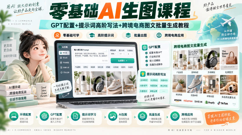 零基础AI生图课程，GPT配置+提示词高阶写法+跨境电商图文批量生成教程-HEIXMI（中国站）