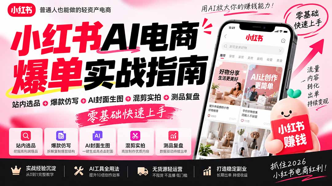 2026小红书AI电商爆单实战指南：站内选品+爆款仿写+AI封面生图+混剪实拍+测品复盘，零基础快速上手-HEIXMI（中国站）