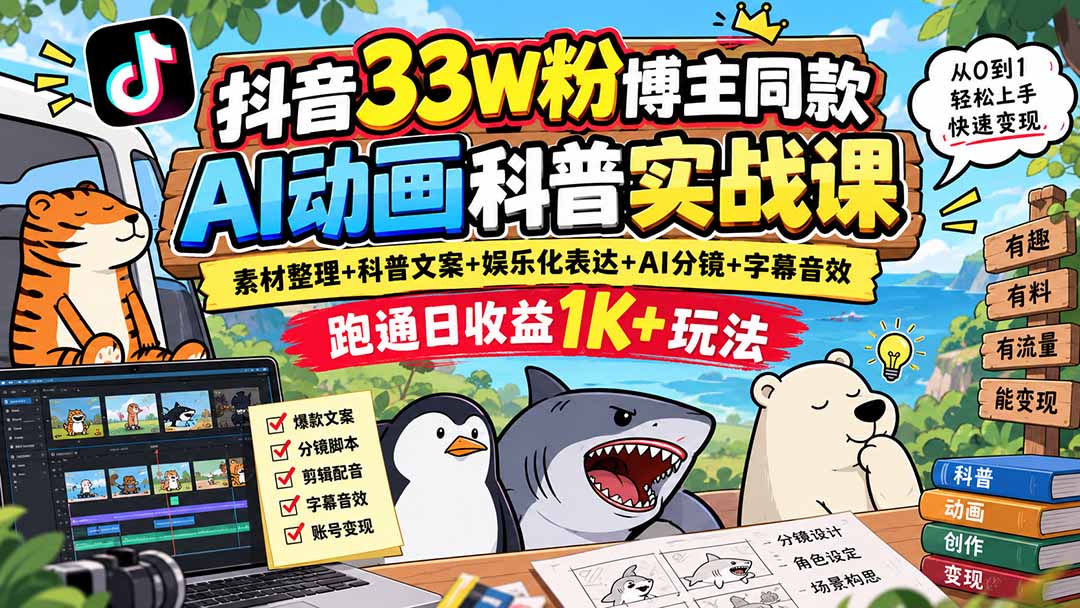 抖音33W粉博主同款AI动画科普实战课｜素材整理+科普文案+娱乐化表达+AI分镜+字幕音效，跑通日收益1K+玩法-HEIXMI（中国站）