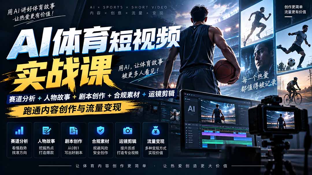 AI体育短视频赛道顶级玩法｜赛道分析+人物故事+剧本创作+版权处理+运镜剪辑，跑通流量变现-日赚1K+-HEIXMI（中国站）