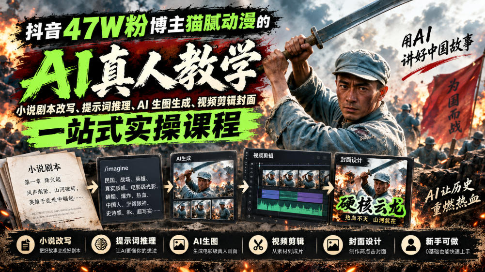 抖音47W粉博主猫腻动漫的AI真人漫剧教学，小说剧本改写、提示词推理、AI生图生成、视频剪辑封面一站式实操课程-HEIXMI（中国站）