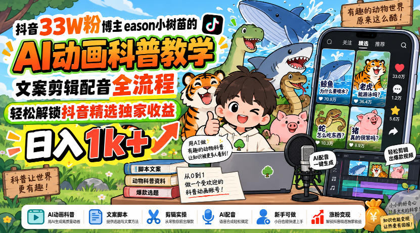 抖音33W粉博主eason小树苗的AI动画科普教学,文案剪辑配音全流程,轻松解锁抖音精选独家收益,日入1k+