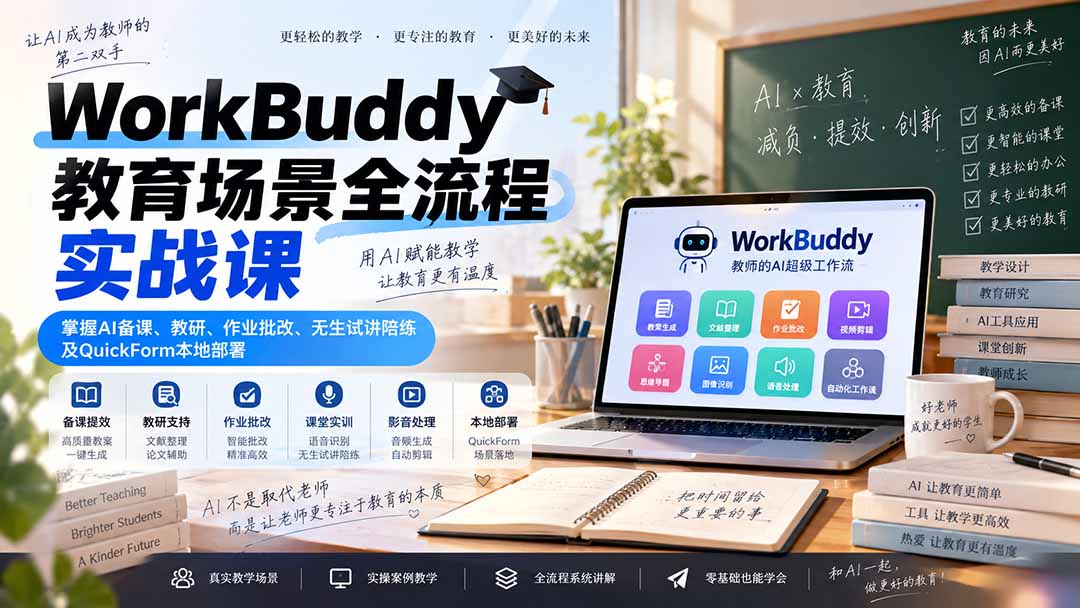 WorkBuddy教育场景全流程实战课：掌握AI备课、教研、作业批改、无生试讲陪练及QuickForm本地部署-HEIXMI（中国站）