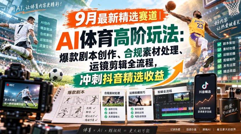 某大佬的9月最新精选赛道之AI体育顶级玩法，爆款剧本创作、版权规避、运镜剪辑全流程，稳拿抖音精选收益-HEIXMI（中国站）