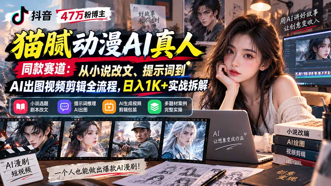 抖音47万粉博主猫腻动漫AI真人同款赛道：从小说改文、提示词到AI出图视频剪辑全流程，日入1K+实战拆解-HEIXMI（中国站）