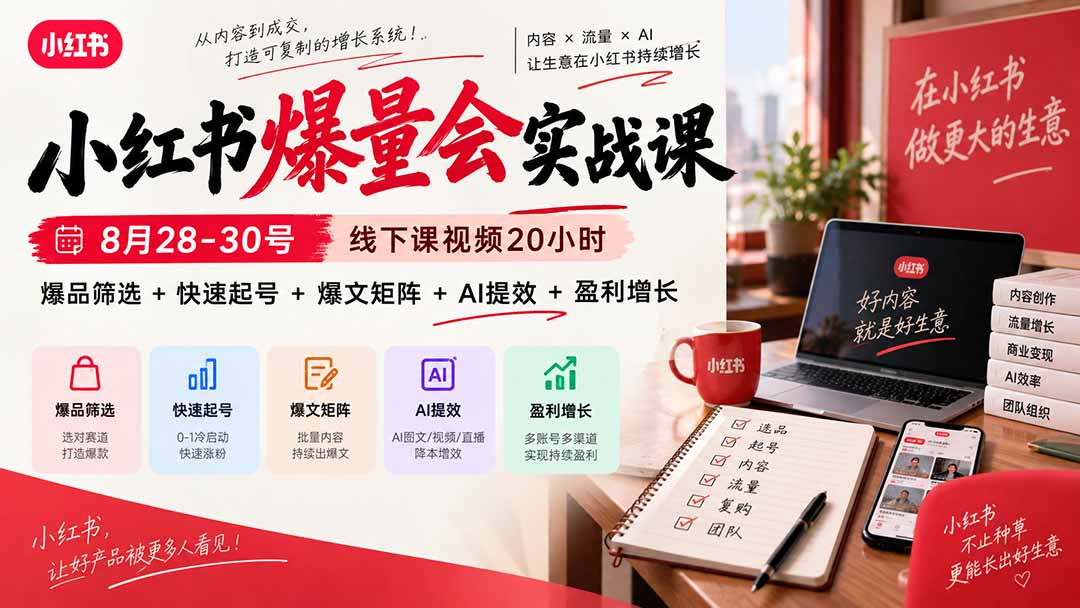 小红书爆量会实战课-更新9月17：线下课视频20小时，爆品筛选+快速起号+爆文矩阵+AI提效+盈利增长-HEIXMI（中国站）