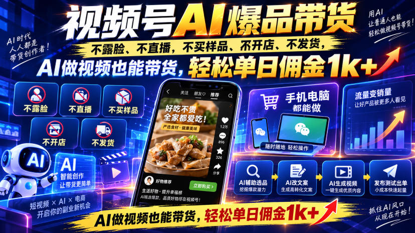 视频号Ai爆品带货，不露脸、不直播、不买样品、不开店、不发货，AI做视频也能带货，轻松单日佣金1k+-HEIXMI（中国站）