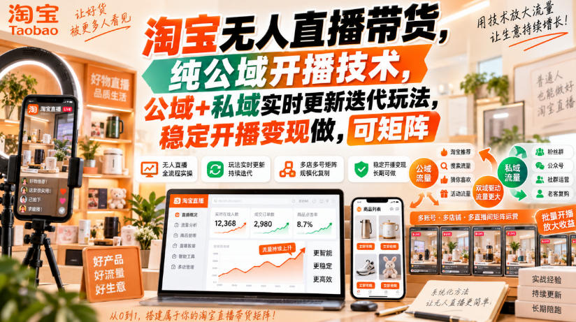 淘宝无人直播带货，纯公域开播技术，公域+私域实时更新迭代玩法，稳定开播变现做，可矩阵【揭秘】-HEIXMI（中国站）