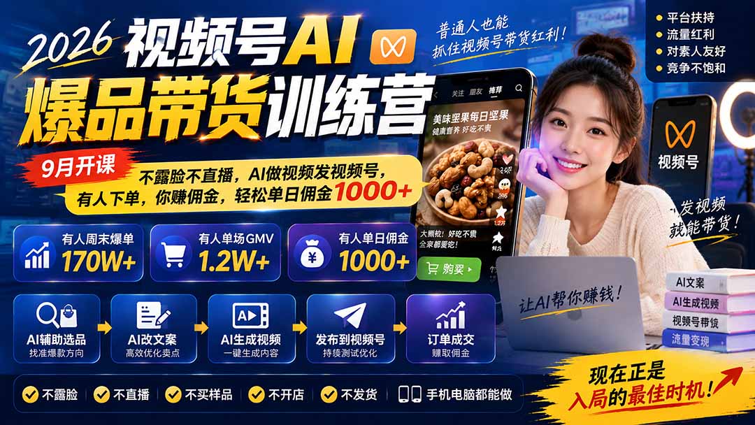 图片[1]-2026视频号AI爆品带货训练营-9月开课｜不露脸不直播，AI做视频发视频号，有人下单，你赚佣金，轻松单日佣金1000+-HEIXMI（中国站）
