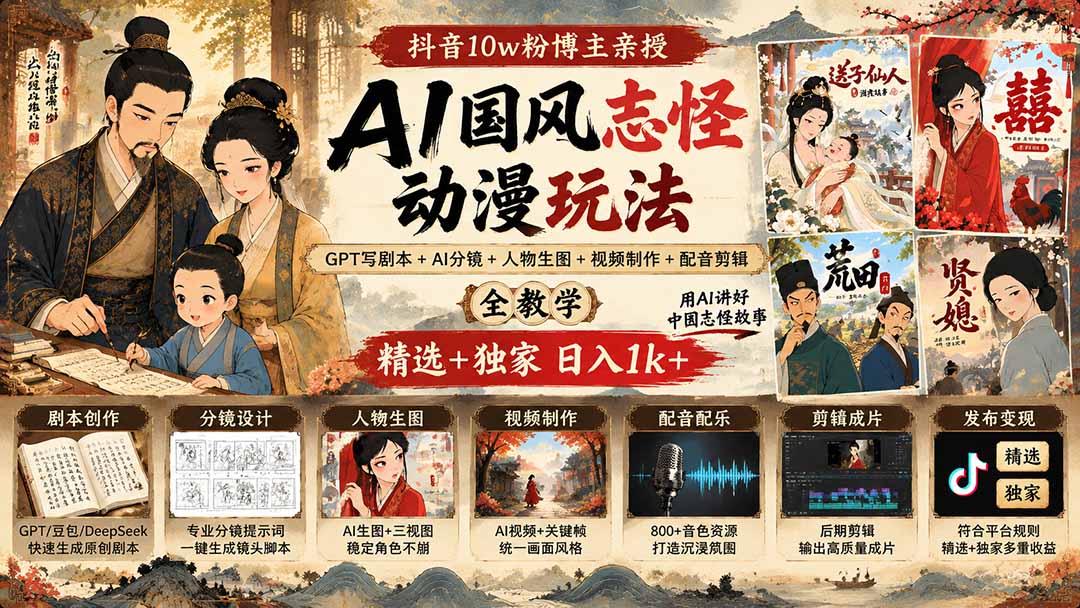 抖音10w粉博主亲授AI国风志怪动漫玩法｜GPT写剧本+AI分镜+人物生图+视频制作+配音剪辑全教学｜精选+独家日入1k+-HEIXMI（中国站）