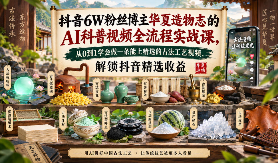 抖音6W粉丝博主华夏造物志的AI科普视频全流程实战课,从0到1学会做一条能上精选的古法工艺视频,解锁抖音精选收益