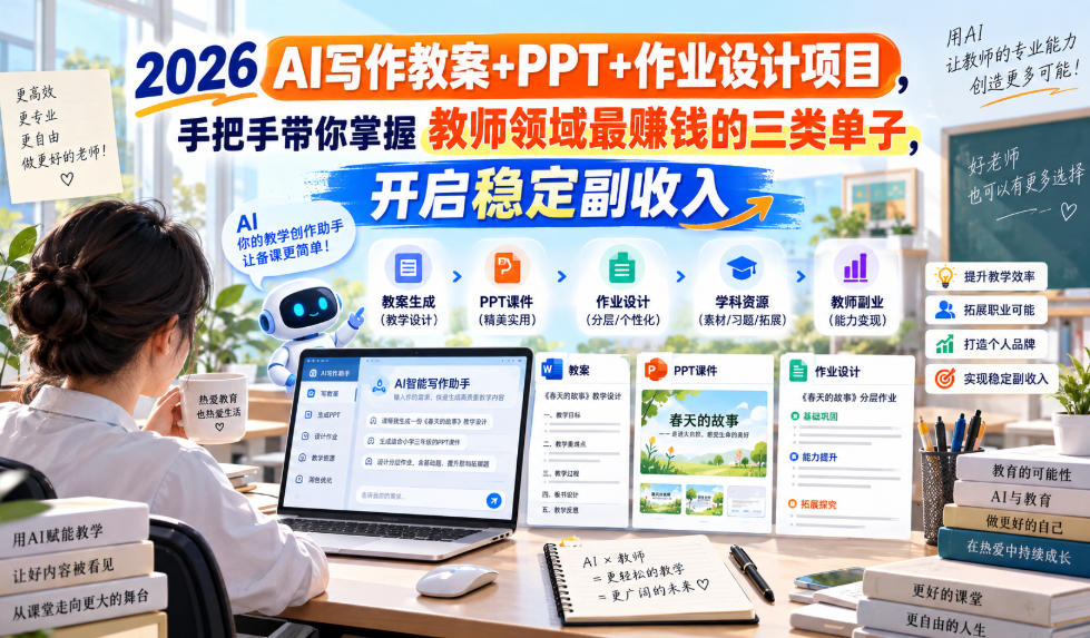 2026 AI写作教案+PPT+作业设计项目，手把手带你掌握教师领域最賺钱的三类单子，开启稳定副收入-HEIXMI（中国站）